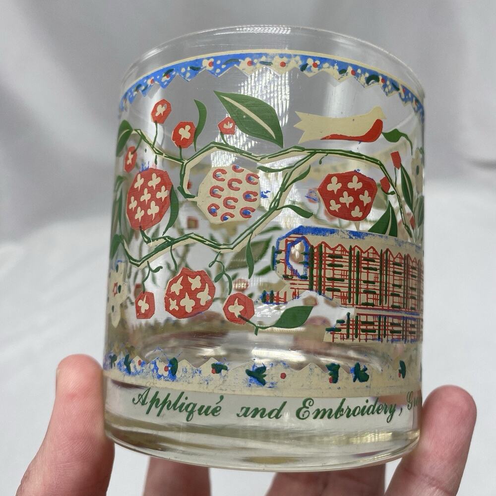 Vtg MCM Georges Briard Glasses Set Of 4 Applique and Embroidery Birds Flowers